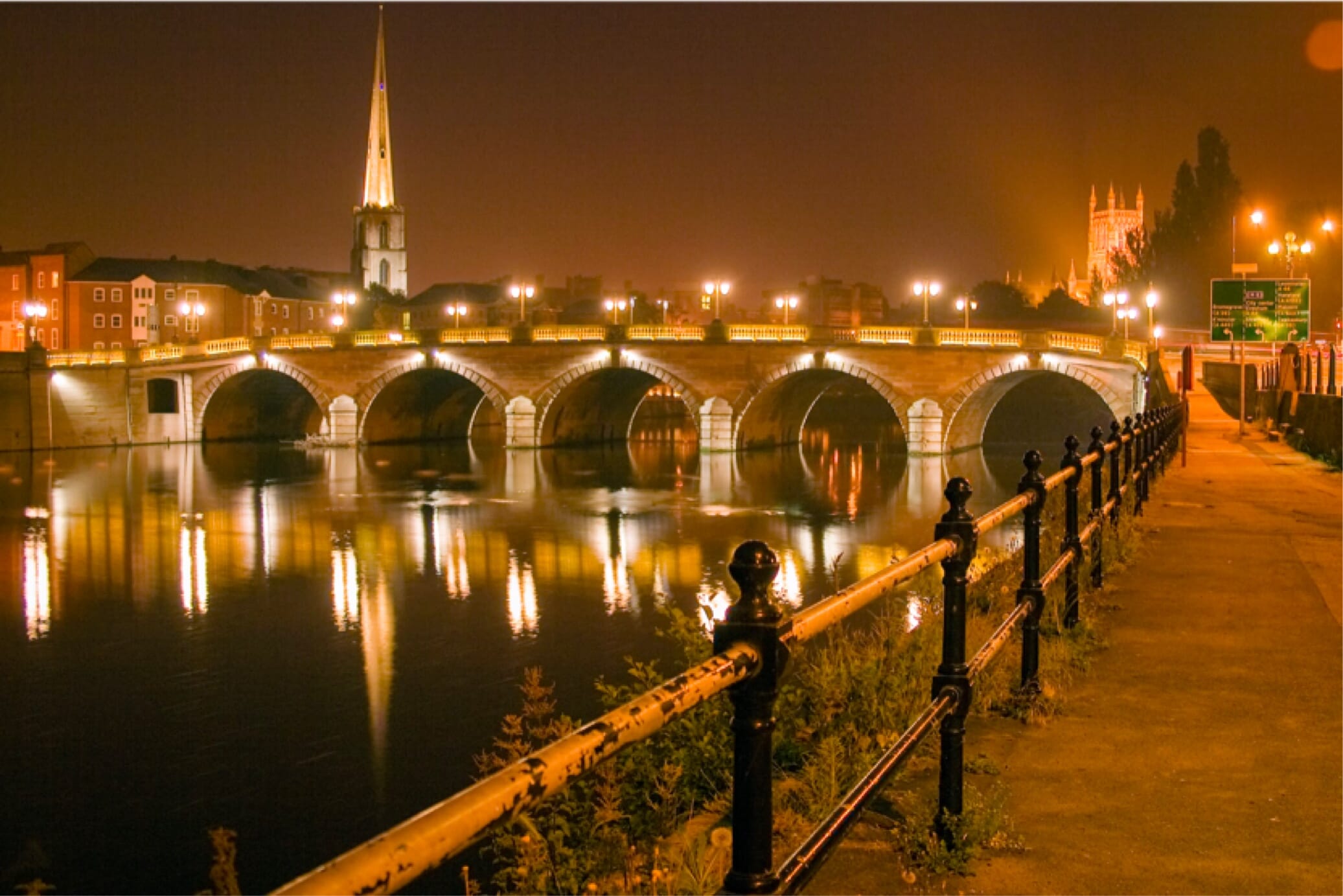 Worcester bridge lit up at night