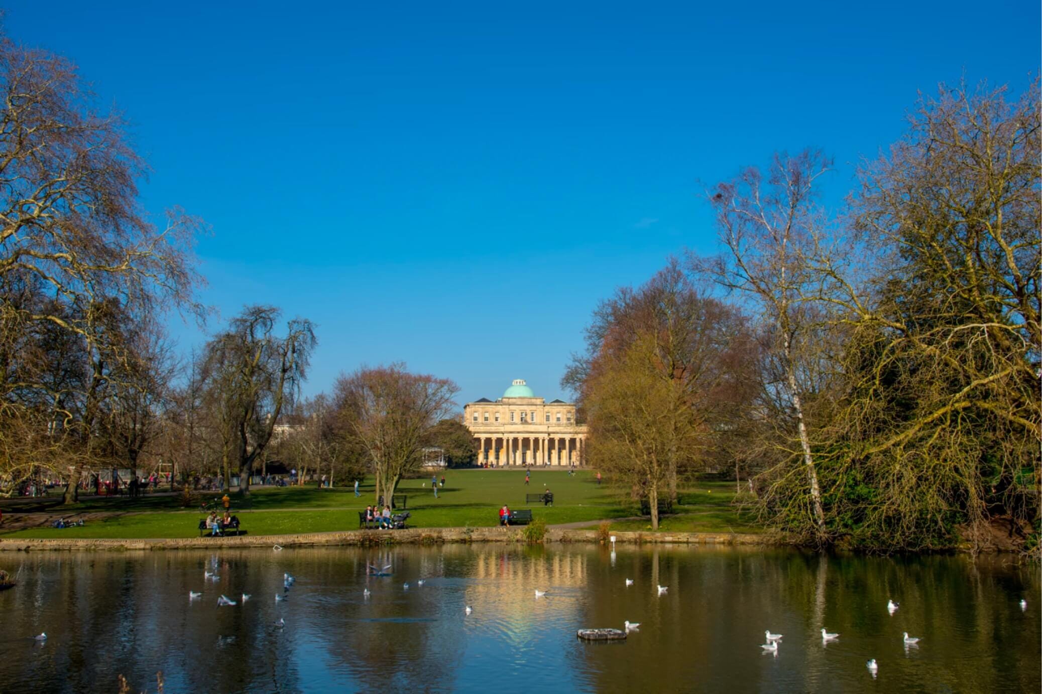 River and pump rooms at Pittville park in Cheltenham